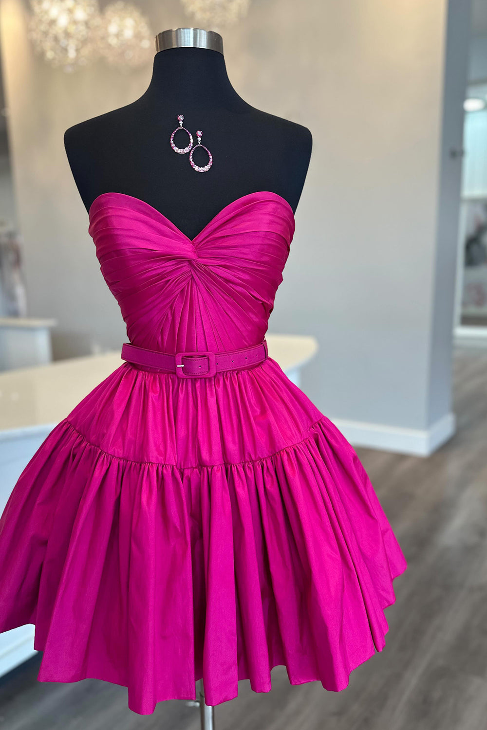 A-Line Fuchsia Sweetheart Pleated Short Homecoming Dress with Belt