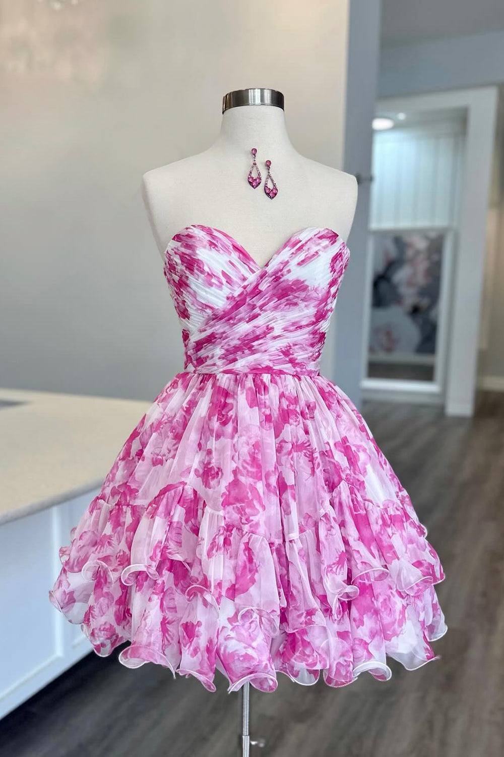 Pink Floral A Line Tiered Short Homecoming Dress