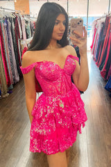 Sparkly Fuchsia A Line Tiered Lace Short Homecoming Prom Dress