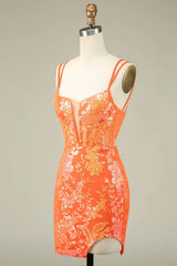 Sparkly Orange Sequins Tight Short Homecoming Dress