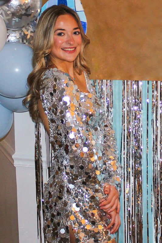 Sparkly Silver Long Sleeves Short Homecoming Dress