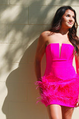 Sparkly Beaded Fuchsia Bodycon Feathered Homecoming Dress