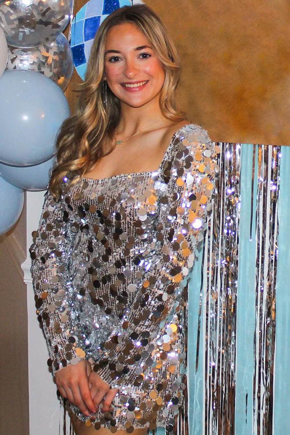 Sparkly Silver Long Sleeves Short Homecoming Dress