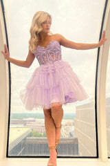 Glitter Lavender Corset Tiered Short A-Line Tulle Homecoming Dress with Lace