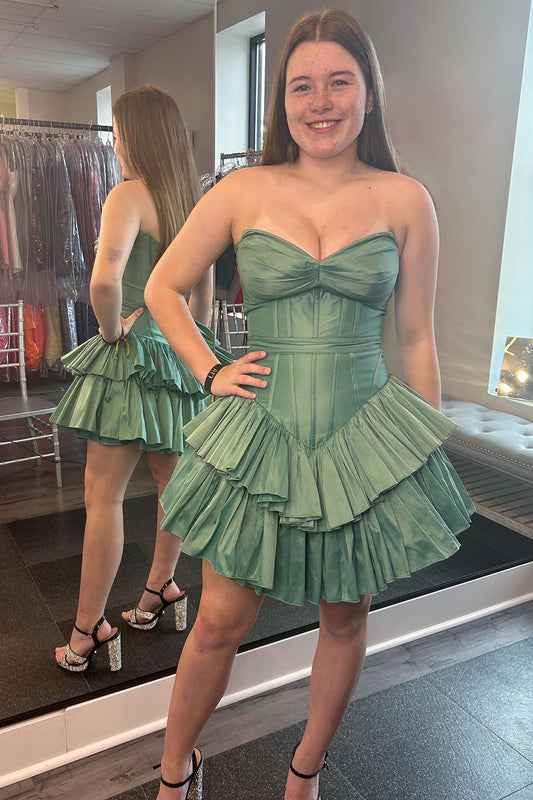 Green Corset Tiered Sweetheart A Line Short Homecoming Dress