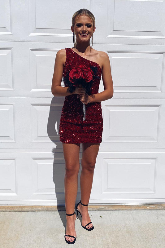 Sparkly Burgundy Sequins One Shoulder Tight Short Homecoming Dress