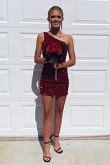 Sparkly Burgundy Sequins One Shoulder Tight Short Homecoming Dress