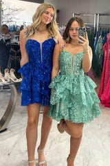 Sparkly Blue Sequins Corset Short Homecoming Dress With Ruffles