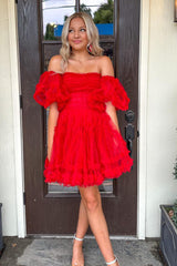 Fuchsia Corset Puff Sleeves A-Line Short Tulle Homecoming Dress with Ruffles