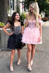 Sparkly Beaded Corset A-Line Black Short Homecoming Dress with Feathers