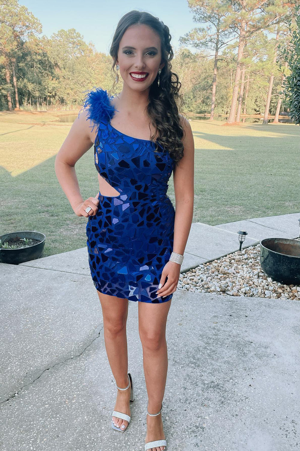 Sparkly Royal Blue Mirror One Shoulder Tight Homecoming Dress With Feathers