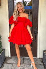 Fuchsia Corset Puff Sleeves A-Line Short Homecoming Dress with Ruffles