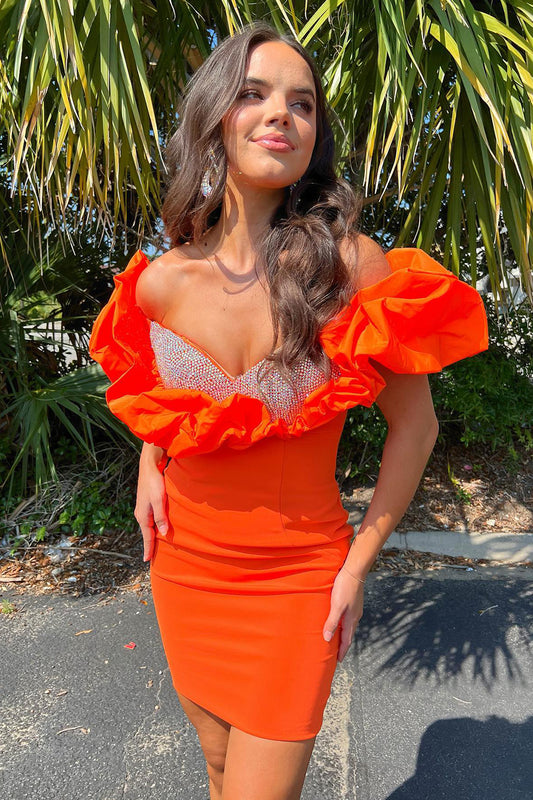 Sparkly Orange Off The Shoulder Bodycon Beaded Homecoming Dress