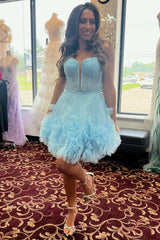 Glitter Blue Corset Tulle A-Line Tulle Short Homecoming Dress With Pocket