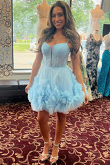 Glitter Blue Corset Tulle A-Line Tulle Short Homecoming Dress With Pocket