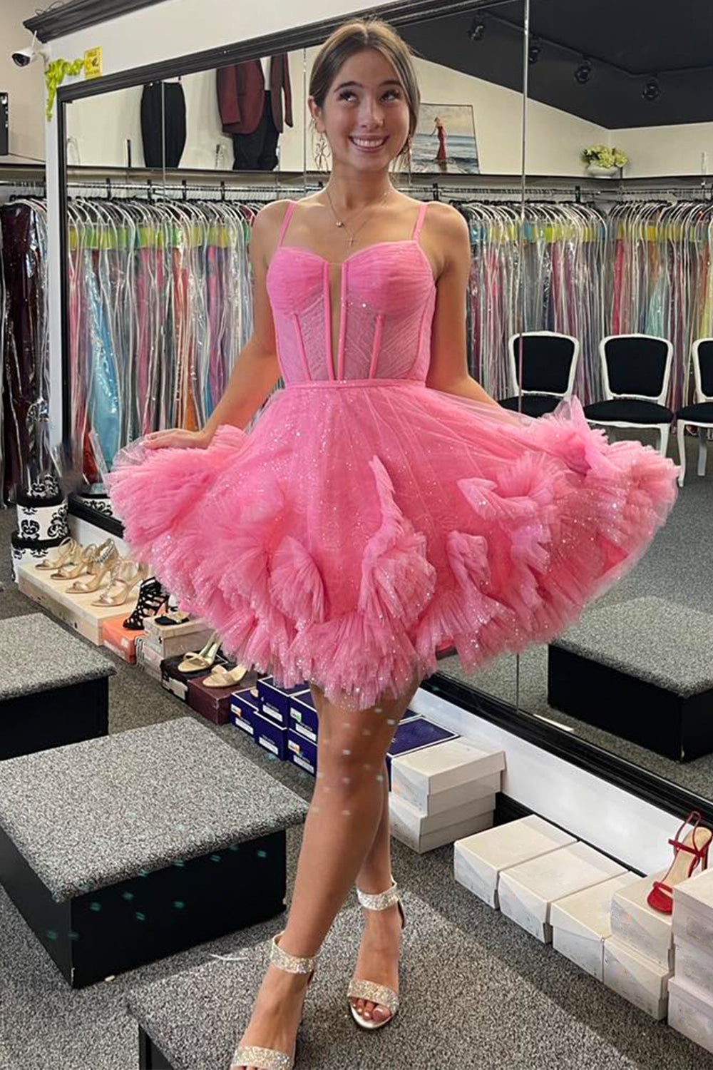 Glitter Pink Corset Tulle A-Line Tulle Short Homecoming Dress With Pocket