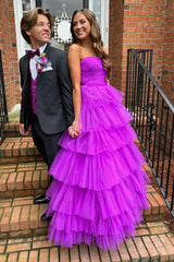 Hot Pink A-Line Tiered Tulle Long Prom Dress