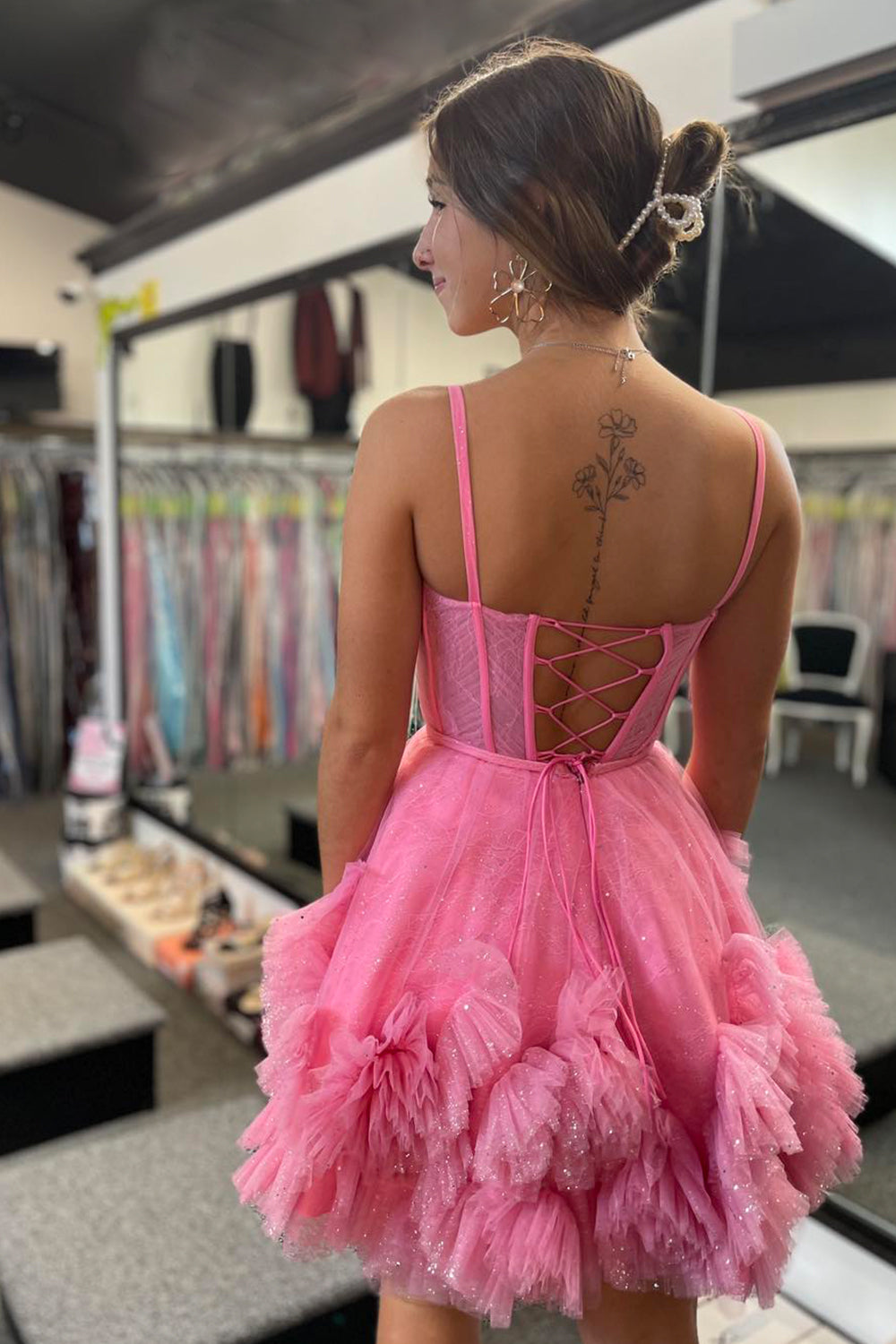 Glitter Pink Corset Tulle A-Line Tulle Short Homecoming Dress With Pocket