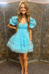 Blue Ruffled A Line Short Homecoming Dress