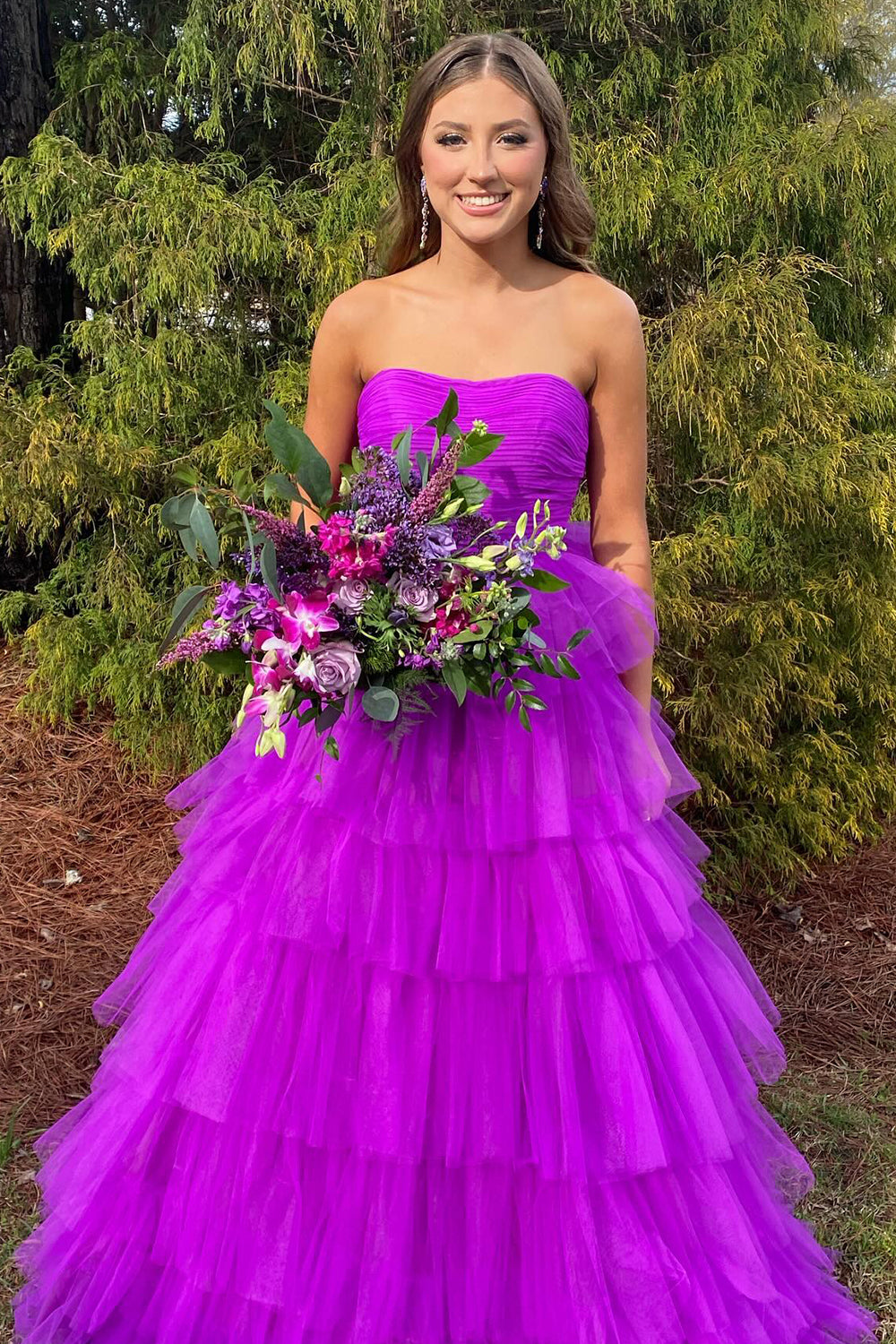 Hot Pink A-Line Tiered Tulle Long Prom Dress