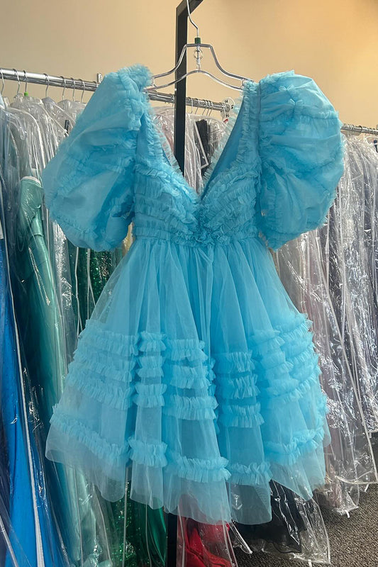 Blue Ruffled A Line Short Homecoming Dress