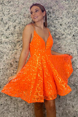 Sparkly Orange Sequined A Line Short Homecoming Dress