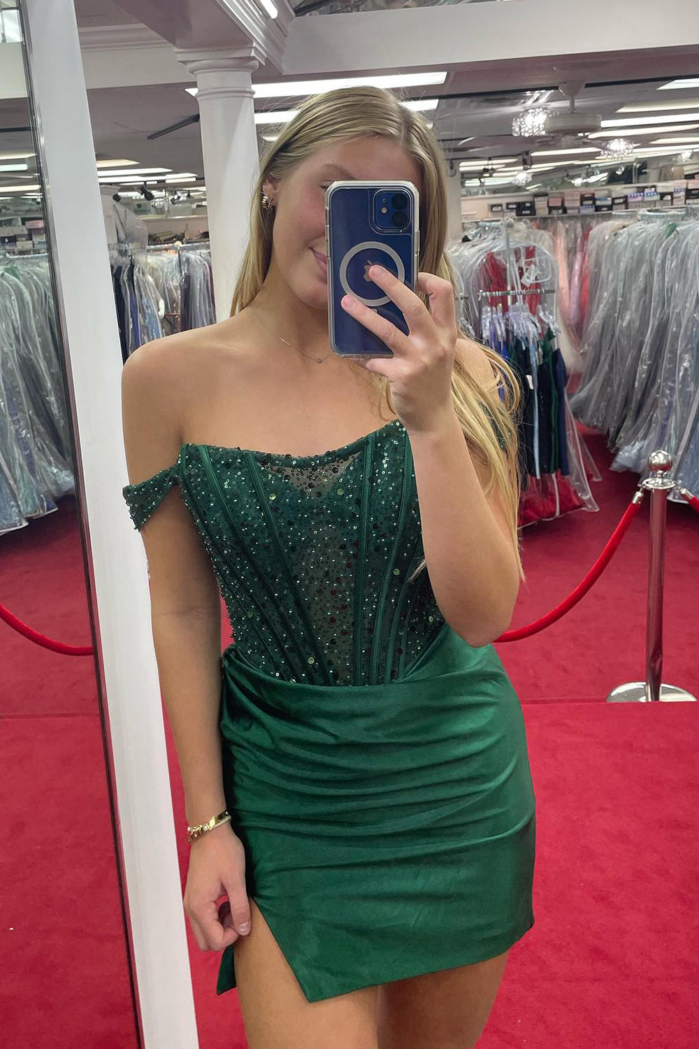 Sparkly Dark Green Detachable Off the Shoulder Satin Tight Short Homecoming Dress with Sequins