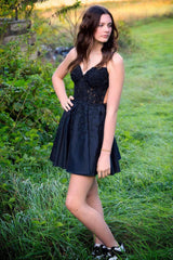 Black A Line Backless Halter Short Homecoming Dress with Lace