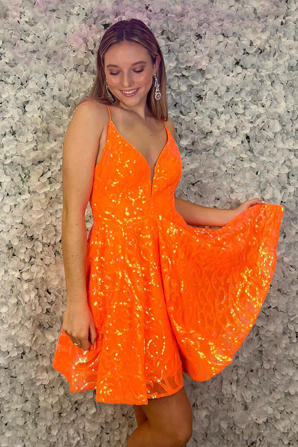 Sparkly Orange Sequined A Line Short Homecoming Dress