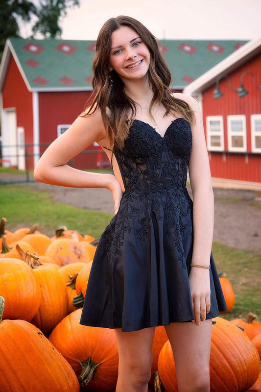 Black A Line Backless Halter Short Homecoming Dress with Lace