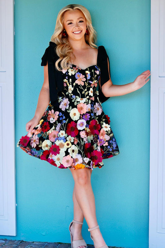 Black A Line Flower Print Short Homecoming Dress