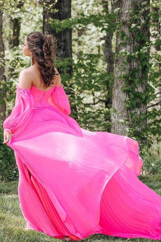 Pink Detachable Sleeves Cut-Out Long Prom Dress with Beading