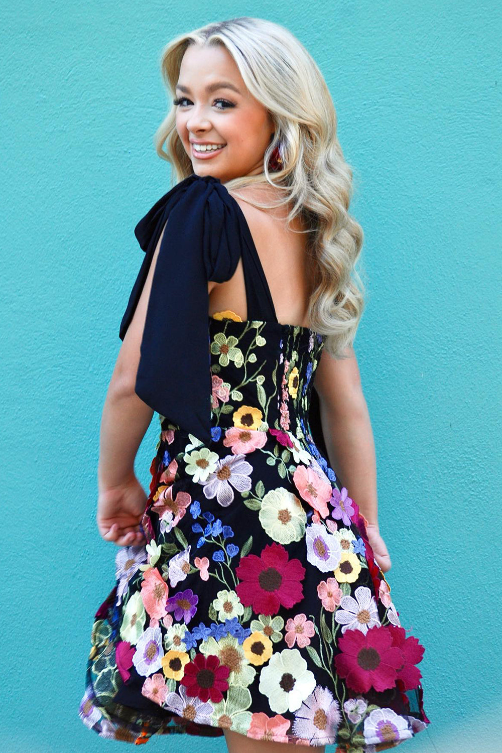 Black A Line Flower Print Short Homecoming Dress