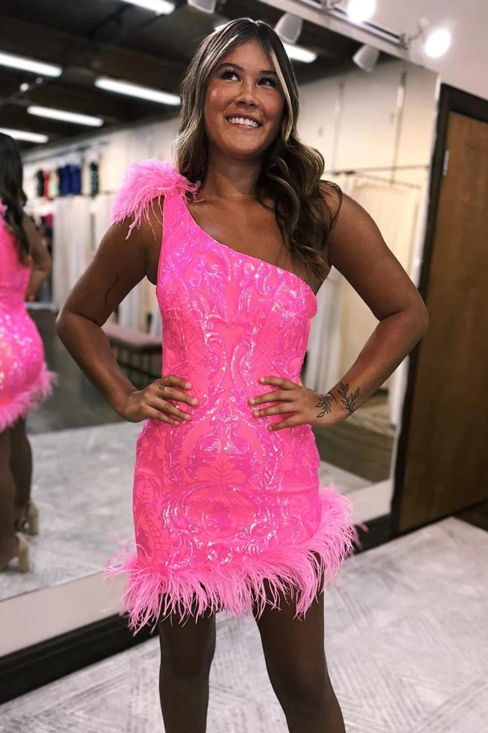 Sparkly Hot Pink Sequins Tight Short Homecoming Dress With Feather