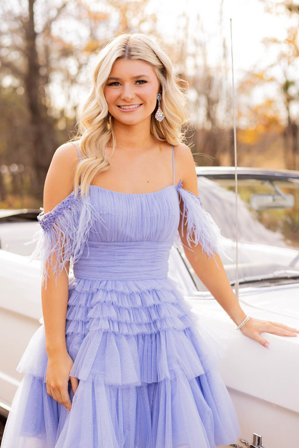 Blue Ruffled Short Homecoming Dress With Feathers