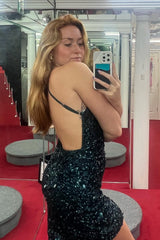 Sparkly Dark Green Halter Open Back Bodycon Homecoming Dress With Sequins