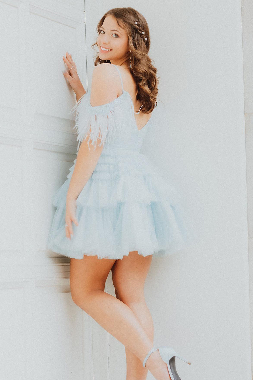 Blue Ruffled Short Homecoming Dress With Feathers