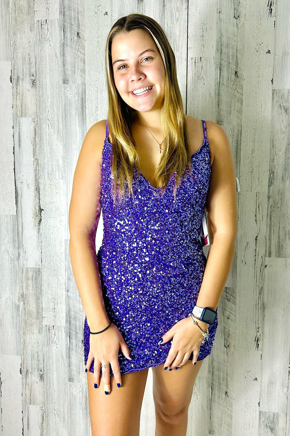 Sparkly Purple V-Neck Sequins Sleeveless Tight Short Homecoming