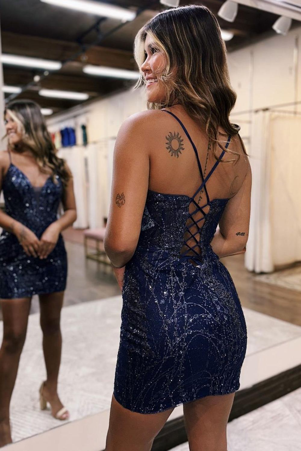 Sparkly Navy Corset Sequins Tight Short Homecoming Dress