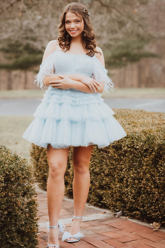 Blue Ruffled Short Homecoming Dress With Feathers