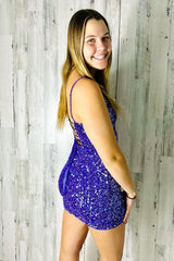 Sparkly Purple V-Neck Sequins Sleeveless Tight Short Homecoming