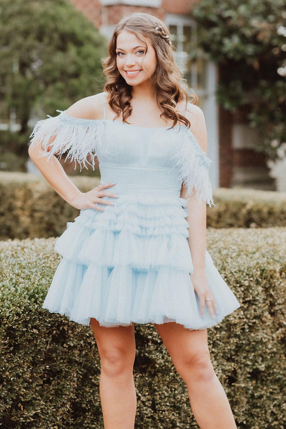 Blue Ruffled Short Homecoming Dress With Feathers