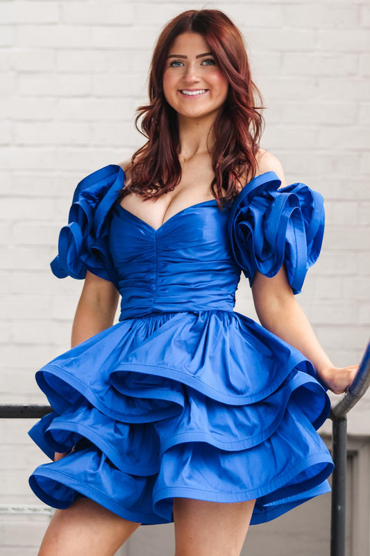 Royal Blue Off The Shoulder A Line Tiered Short Homecoming Dress