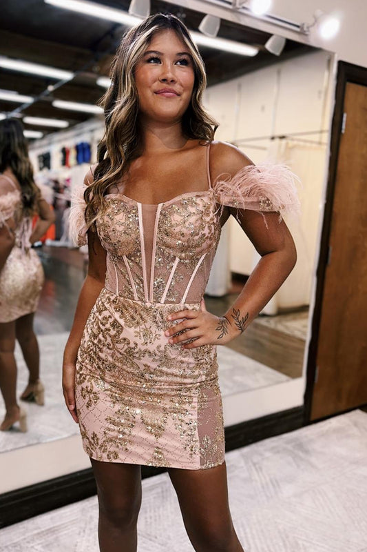 Sparkly Rose Gold Corset Sequins Tight Short Homecoming Dress With Feather