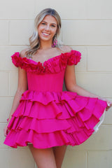 Fuchsia Off The Shoulder Corset Short Homecoming Dress With Ruffles