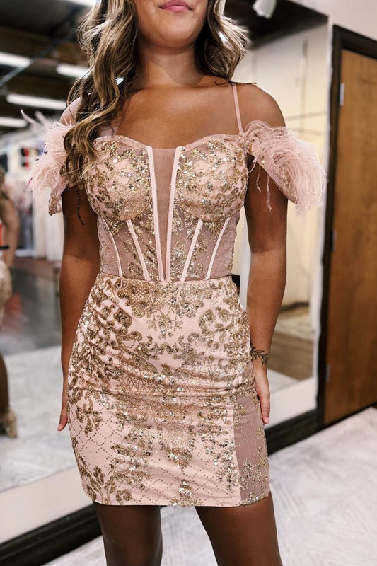 Sparkly Rose Gold Corset Sequins Tight Short Homecoming Dress With Feather