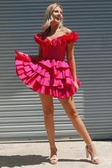 Fuchsia Off The Shoulder Corset Short Homecoming Dress With Ruffles