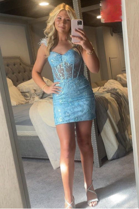 Sparkly Blue Corset Sequins Tight Short Homecoming Dress With Feathers