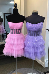 Sparkly A-Line Pink Corset Tiered Tulle Short Homecoming Dress