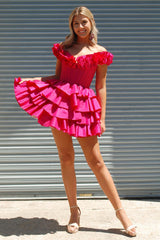 Fuchsia Off The Shoulder Corset Short Homecoming Dress With Ruffles